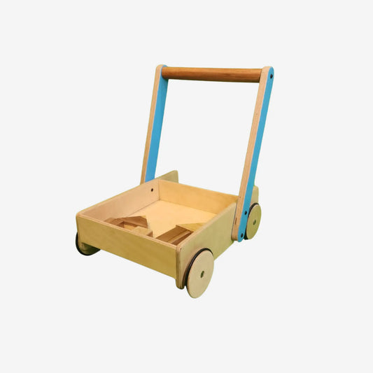 a wooden toy car with wheels and a handle