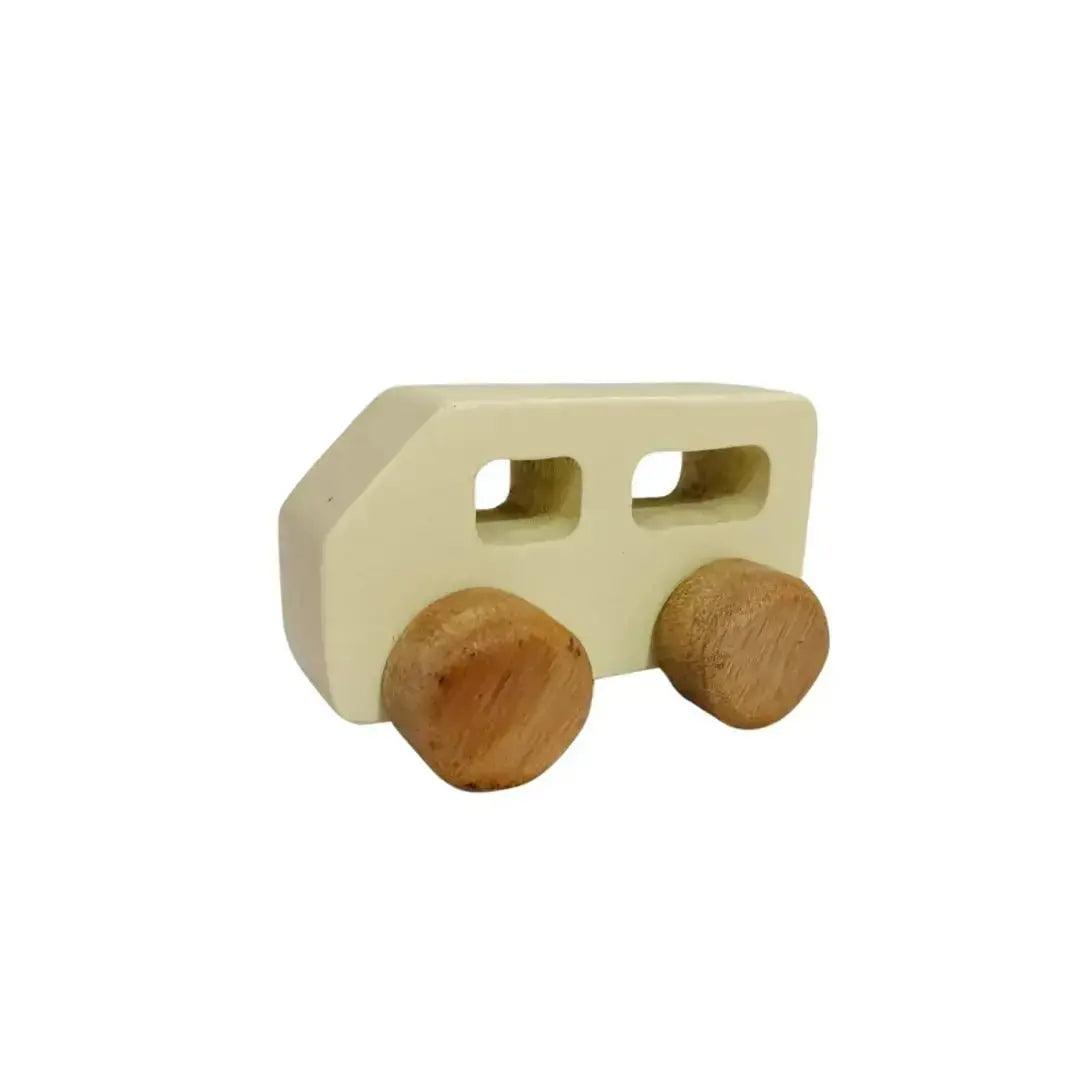 Child-friendly wooden van pull toy with rolling wheels and a pull handle