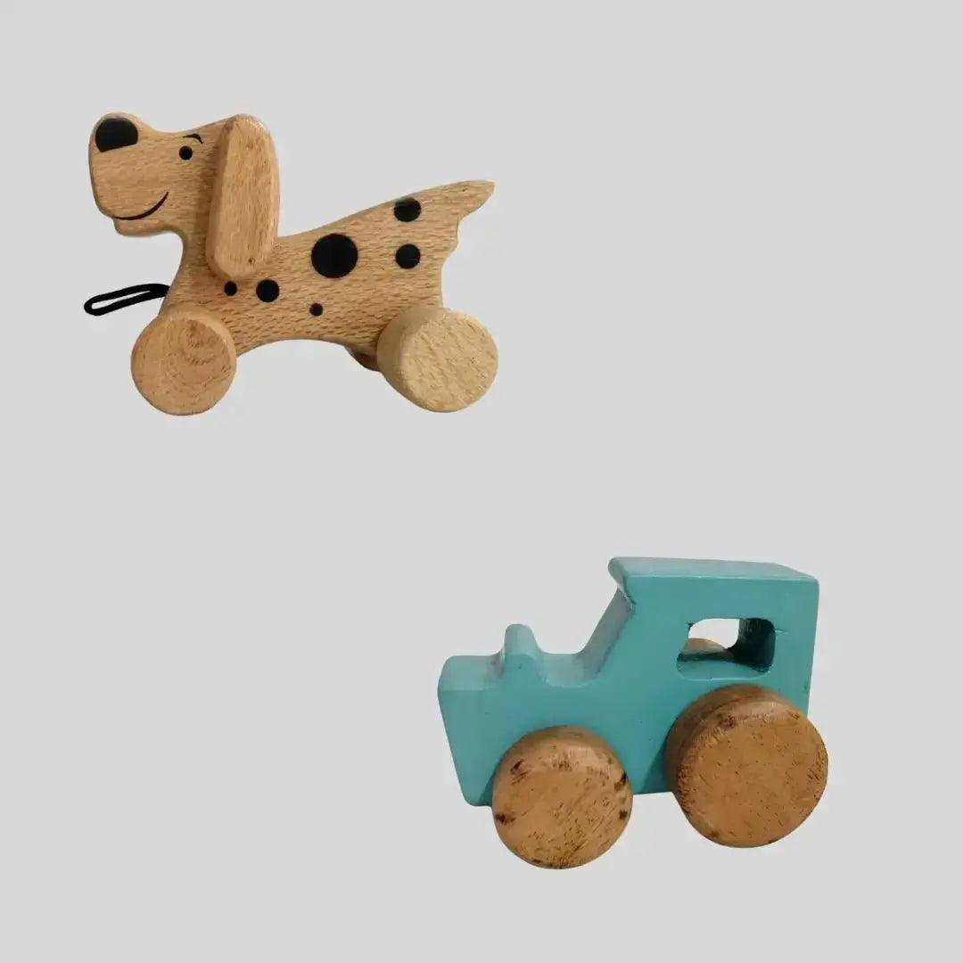 Set of two wooden toys featuring a pull dog and a push car