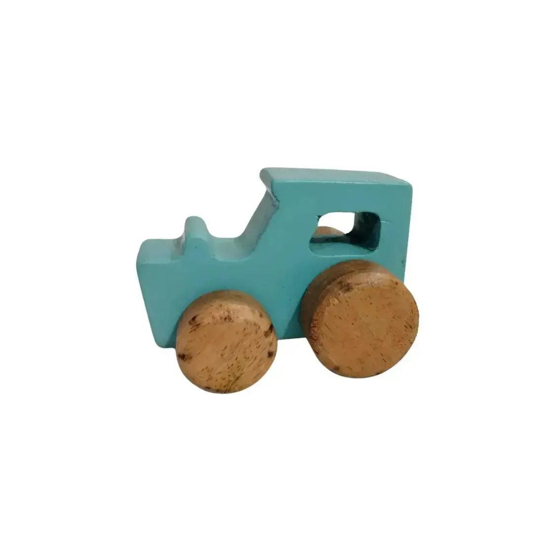 Blue and natural wood push car toy with rolling wheels
