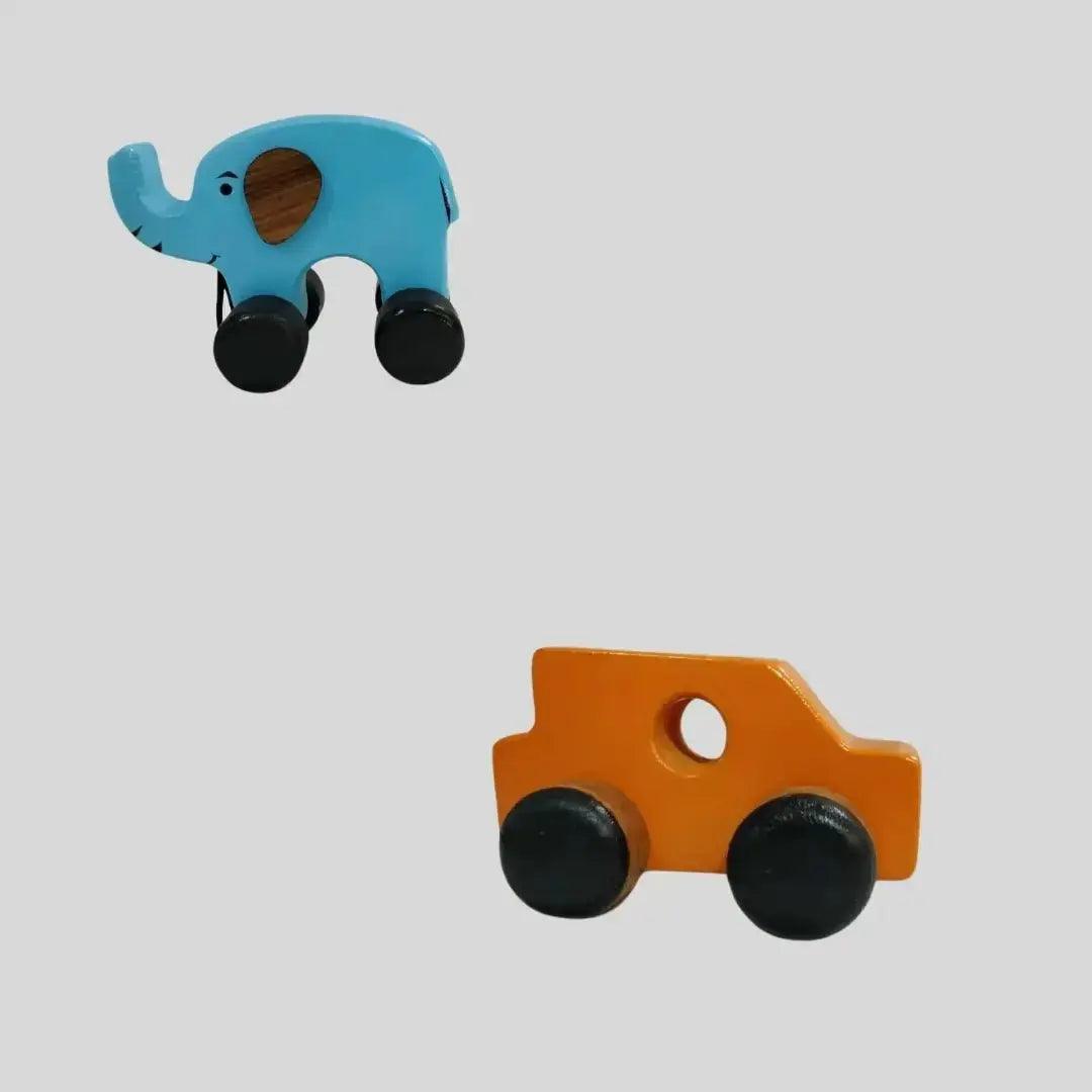 Set of wooden toys featuring a pull along elephant and a car toy