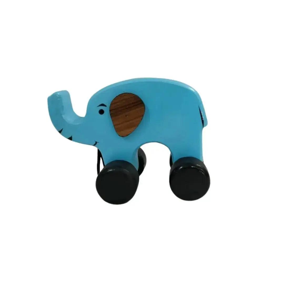 Blue wooden elephant-shaped pull along toy with wheelsa wooden toy elephant with black wheels on a white background