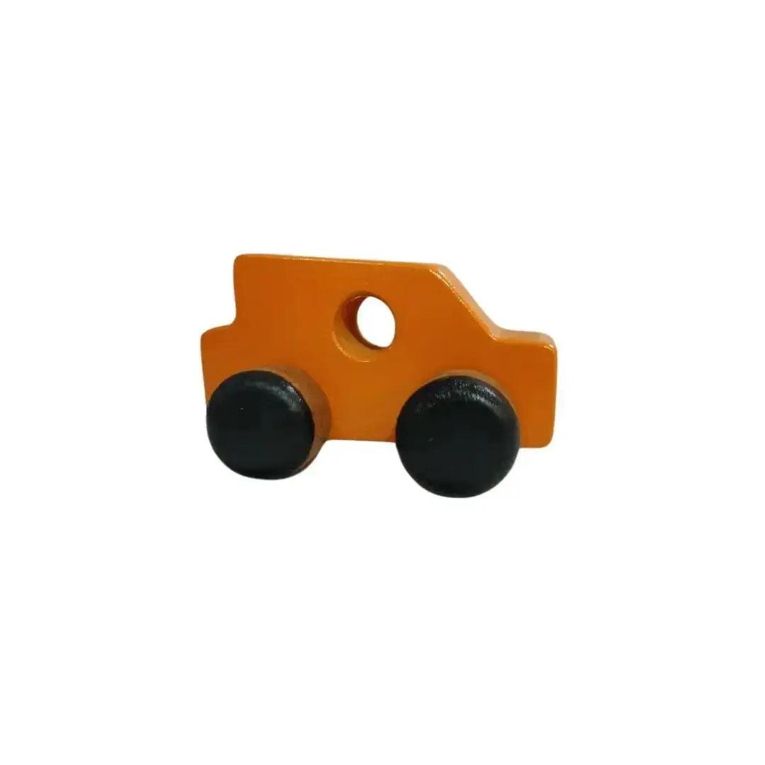 Orange and black wooden car toy with rolling wheels