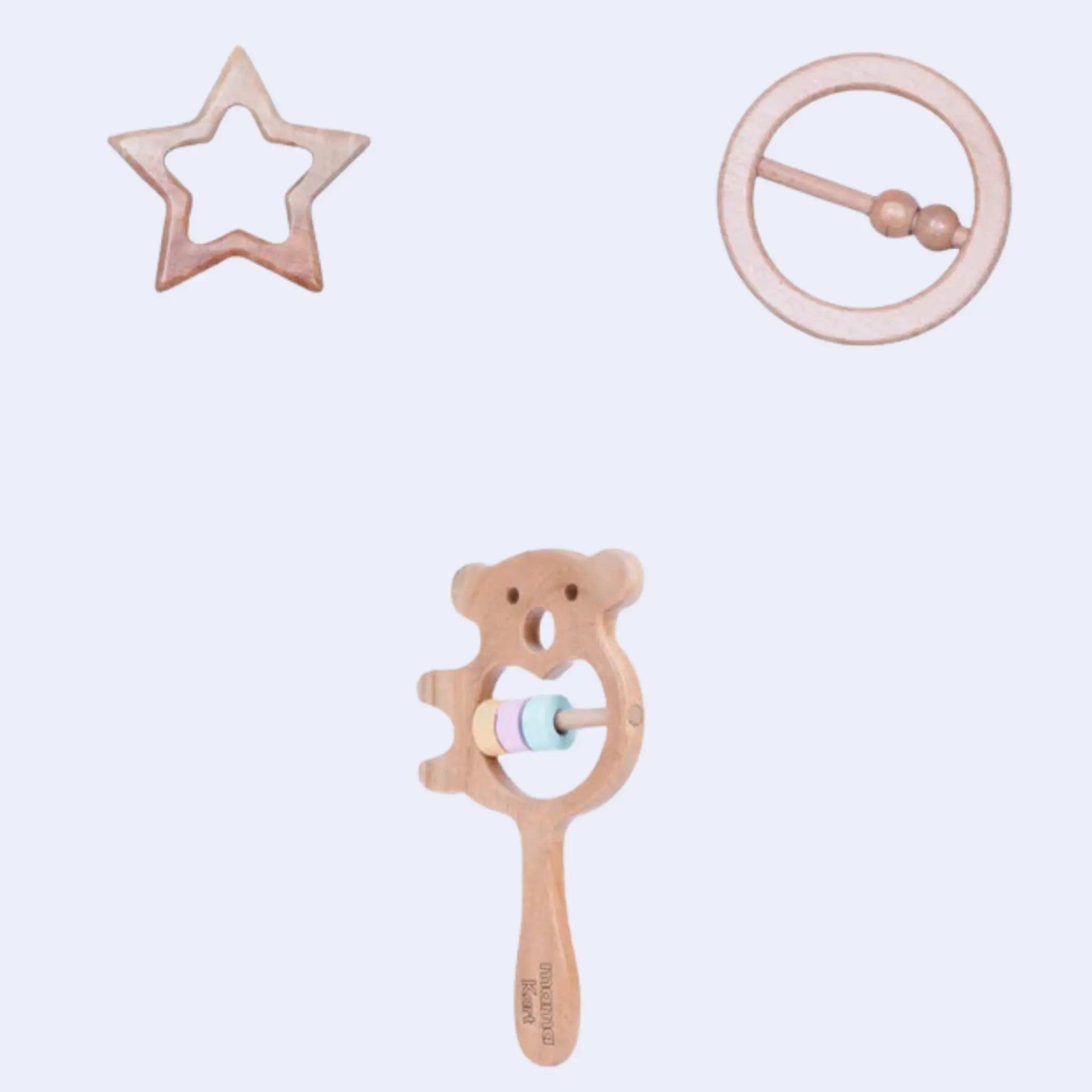 A combo set of baby toys including a wooden bear, round rattle, and neem star teether for ages 0-12 months
